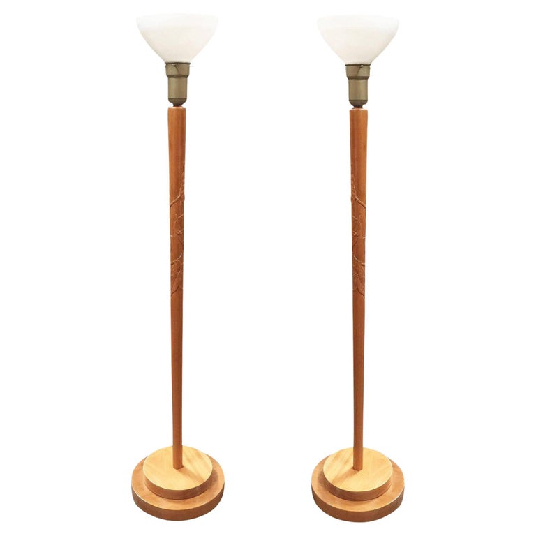 Russel Wright Style Hand-Carved Torchiere Floor Lamp, Pair