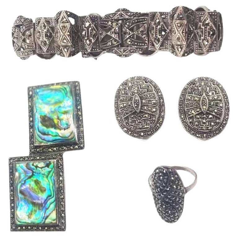 Sterling Silver French Paste Marcasite Jewelry Set, Brooch, Bracelet, Earrings