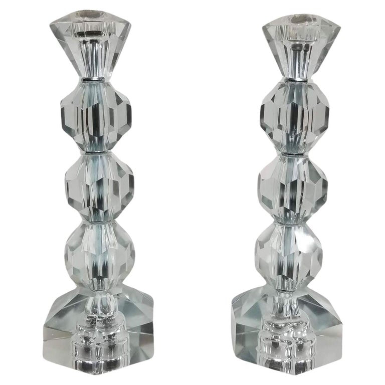 Mid Century Crystal Candlestick Diamond Top - Pair