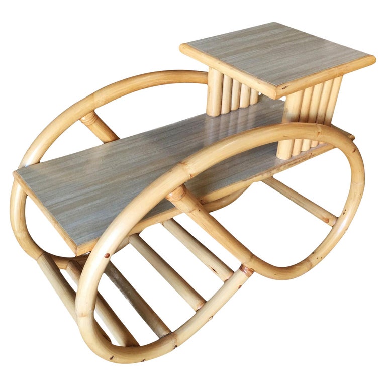 Restored 3/4 Round Pretzel Rattan Side Table with Two-Tier Formica Tops