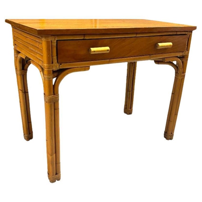 Restored Art Deco Rattan & Mahogany Secretary Writing Desk