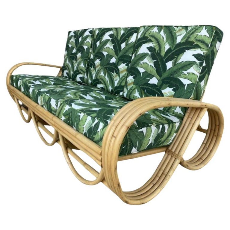 Restored Mid-century 4-Strand Rattan 3/4 Reverse Pretzel Sofa w/ Arched Base
