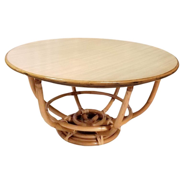 Restored Rattan Round Accent Coffee Table, Unique Size