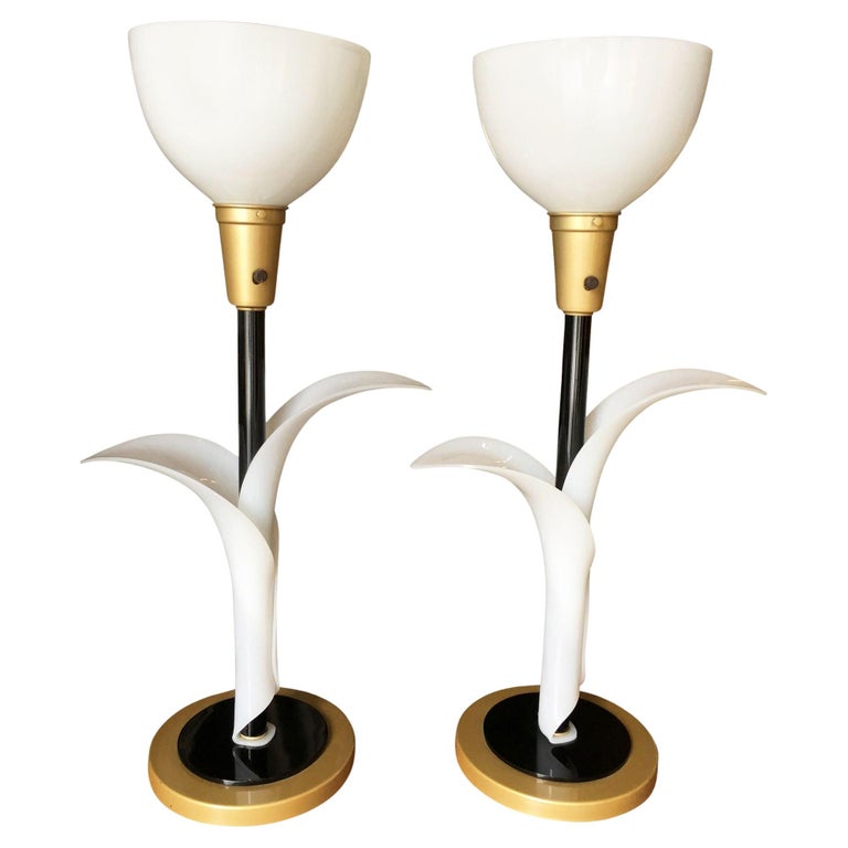 Mid-century Sculptural Acrylic Tulip Table Lamp Pair by Rougier