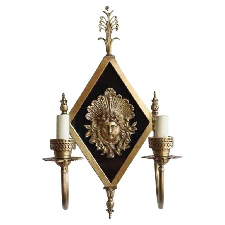 Edwardian era Neoclassical Bronze Greek Face 2-Arm Sconce, 2 Available