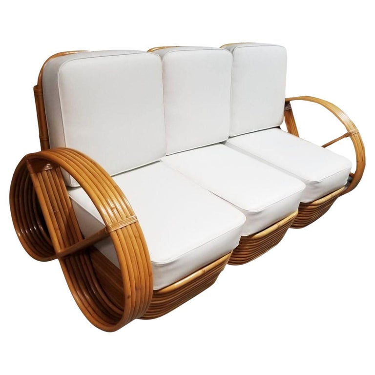 Restored MCM Six-Strand 3-Seat Full Pretzel Rattan Sectional Sofa, Stacked Base