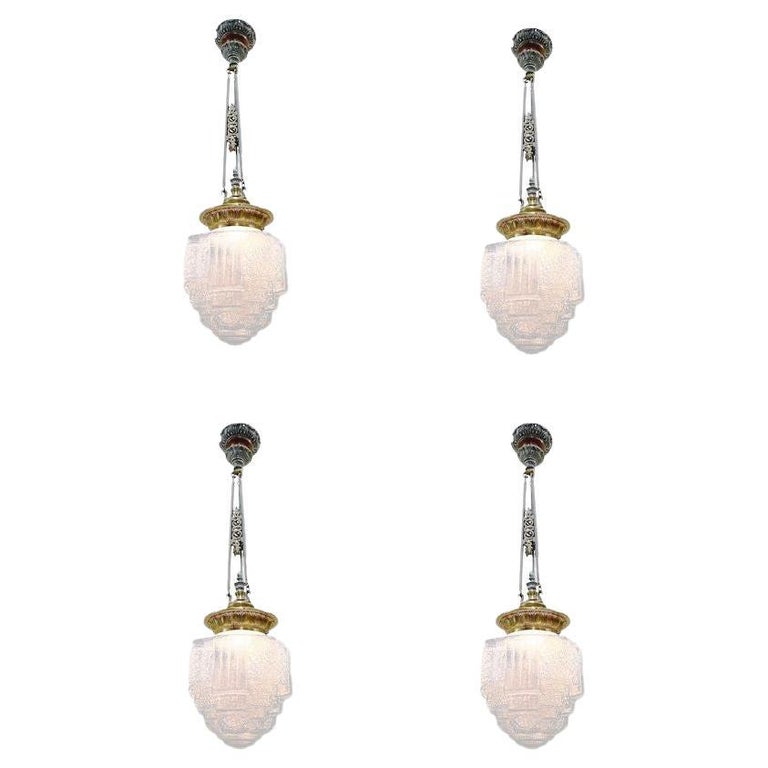 Art Deco Brass Ceiling Pendant w/ Stepped Blue Glass Deco Globe, Set of 4