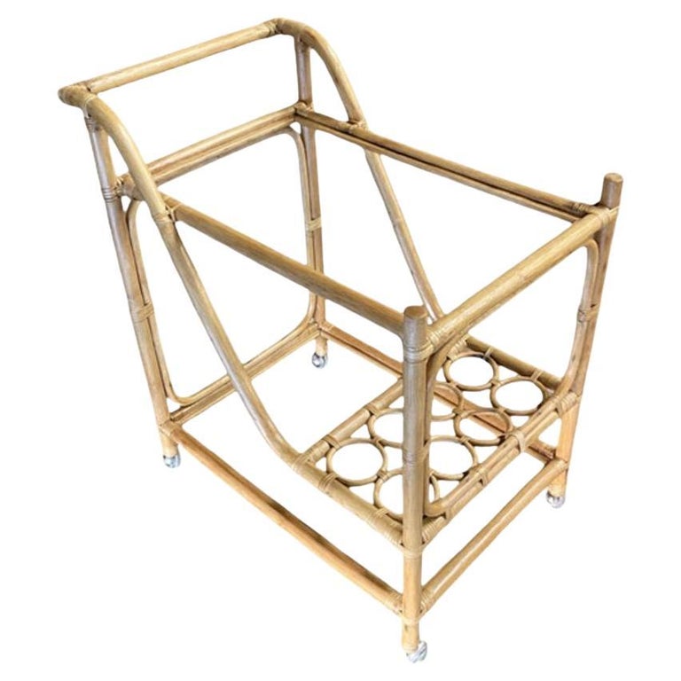 Restored Mid Century Rattan Bar Cart w/ Bottle Holder by Angraves, circa 1970