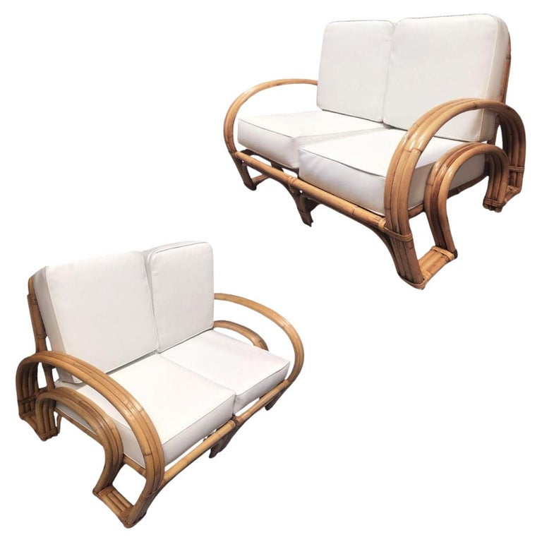 Restored Mid-century Rattan Double Horseshoe Settee Sofa, Pair