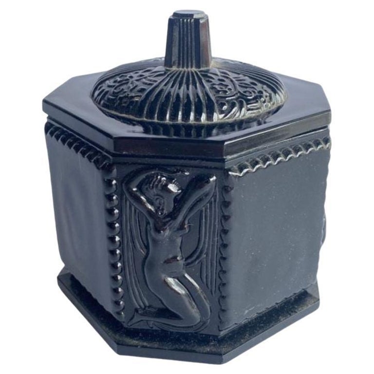 Art Deco Black Amethyst Tiara Glass Vanity Jar with Nude Woman