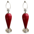 90s Pair of Red Ceramic Tear Drop Shaped Table Lamp w/ Acrylic Base