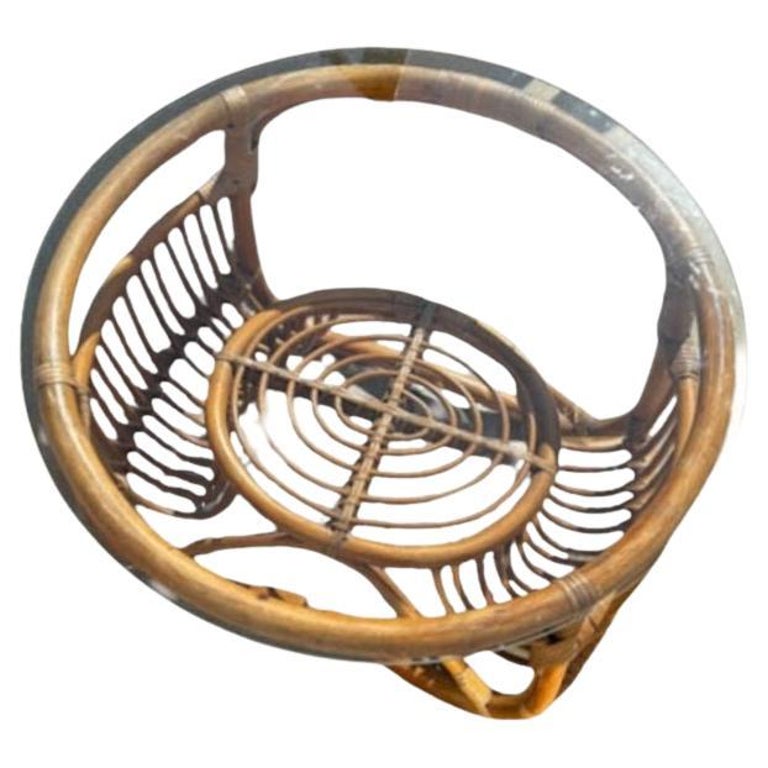 Restored Round Rattan Coffee Table with Reed Basket Base & Glass Top