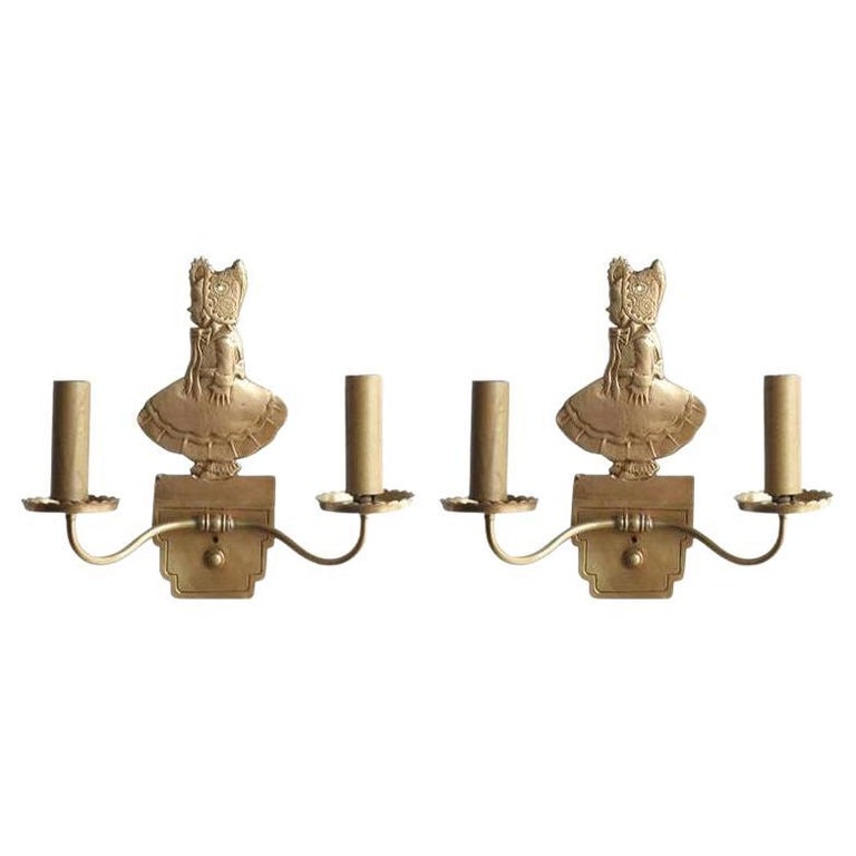 Bronze Electric Candelabra Wall Sconce with Girl in Bonnet, Pair
