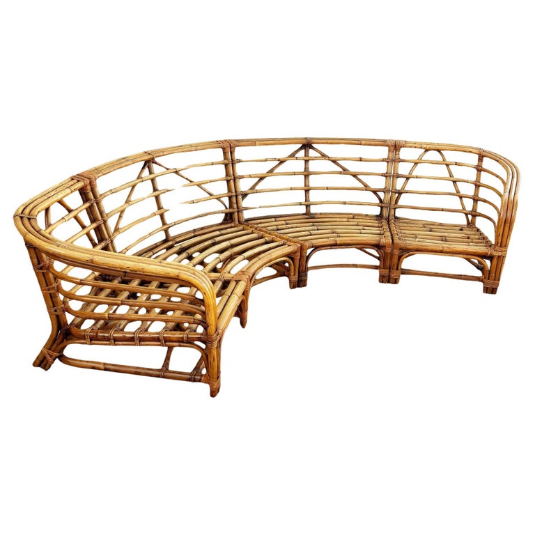 Restored MCM Rattan Round Sectional Corner Sofa w/ 3-Strand Waterfall Arms