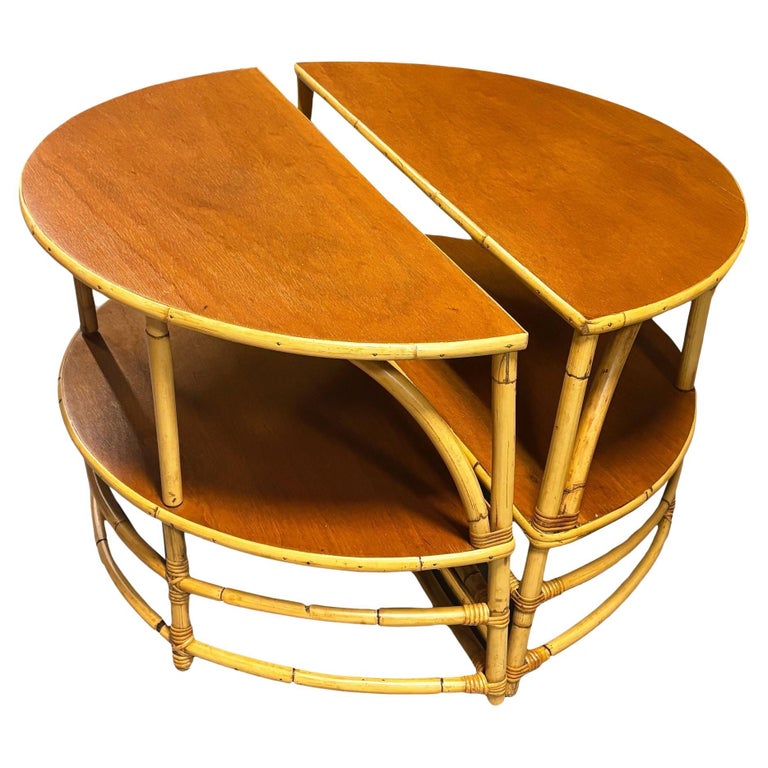 Restored Rattan & Mahogany Half Moon Side Table, Pair