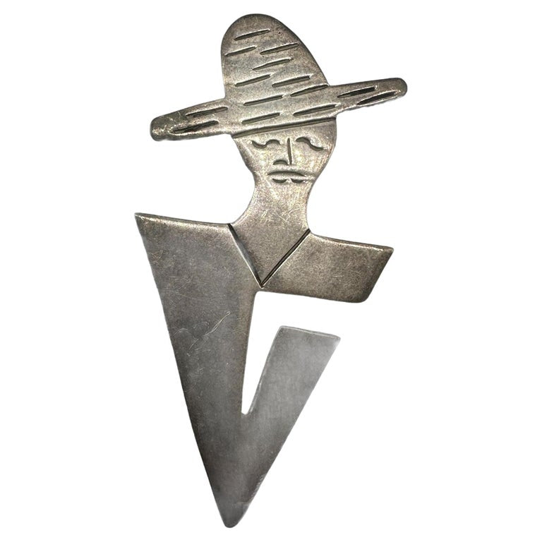 Vintage 925 Sterling Silver Mexican Lady In Hat Letter "V" Initial Pin Brooch