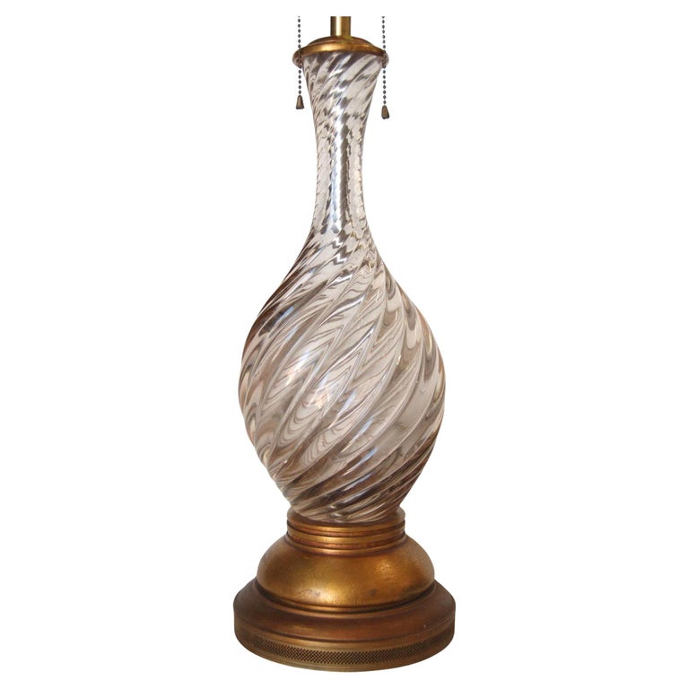 Italian Mid-century Pink Swirled Murano Glass Table Lamp w/ Brass Base