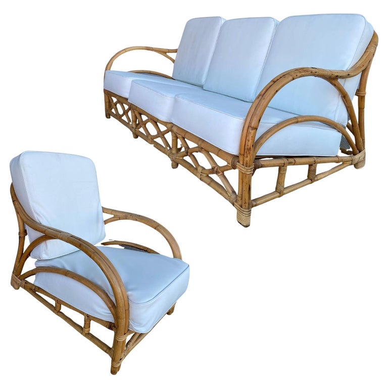Rare Restored "1940s Transition" Rattan Sofa and Lounge Chair Living Room Set