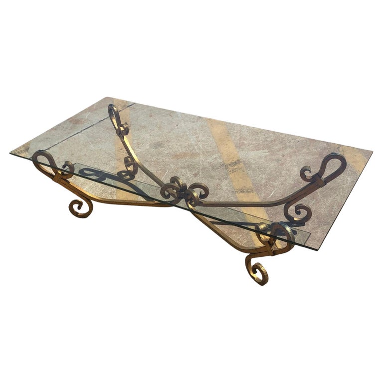 Gold-tone Gilded Wrought Iron Hollywood Regency Cocktail Table w/ Glass Top