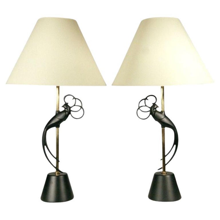 Mid-century Brass & Steel "Lovebird" Sculptral Table Lamp by Rembrandt , Pair