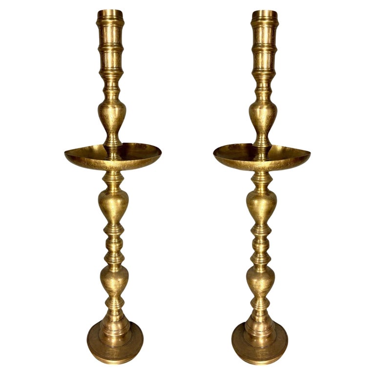 Hand Etched Brass Moroccan Floor Candelabra, Pair