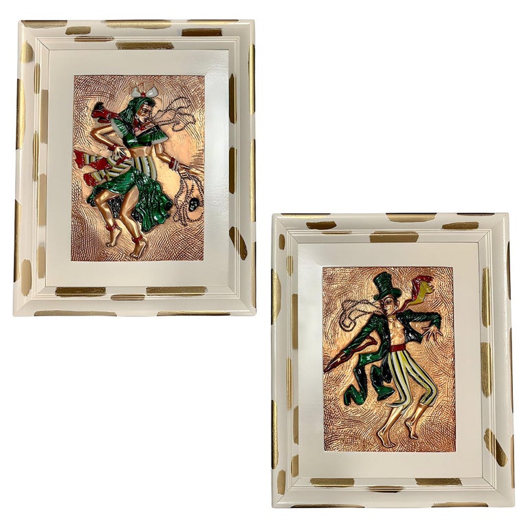 Mid-century Hand Painted Hammered Copper Relief Wall Art Framed, Pair