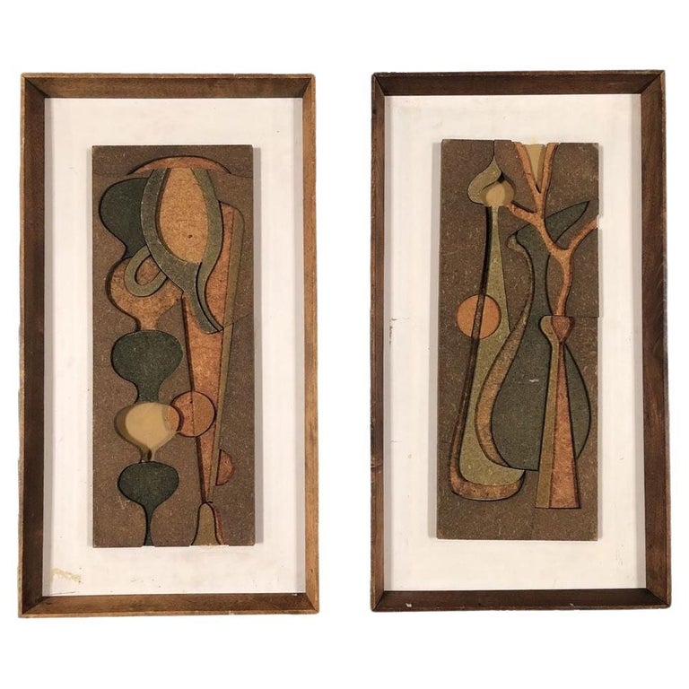 1950 Abstract Still Life 3D Fiberboard Art Wall Sculpture, Pair