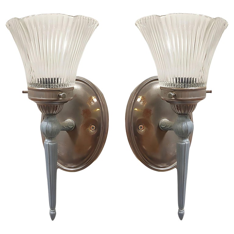 Antique Regency Wall Sconces Electric Light Fixture w/ Tulip Shade, Pair