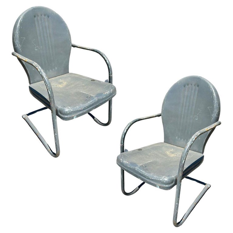 Mid-century Steel Round Streamline Springer Patio Outdoor Lounge Chair, Pair
