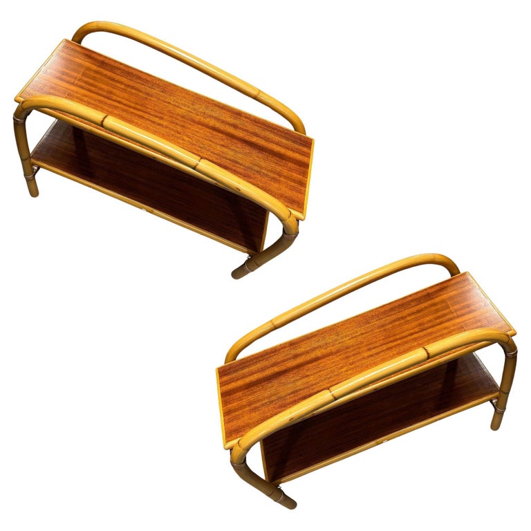 Rattan & Mahogany Double Arch "Tropitan" 2-Tier Side Table by Ritts, Pair