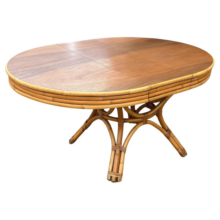 Restored Round Rattan & Mahogany Dining Table W/ Leaf