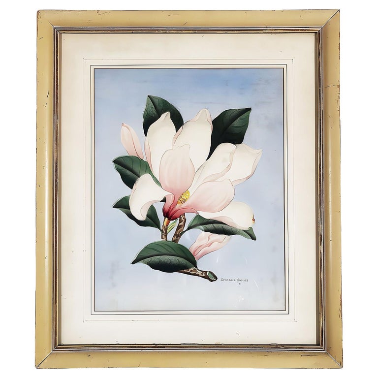 White/Pink Magnolia Watercolor Painting on Paper Signed Shirrell Graves, Framed