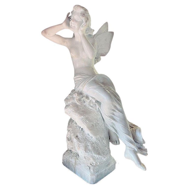 Late Victorian French Hand Carved Nude Psyche Goddess Marble Statue, signed