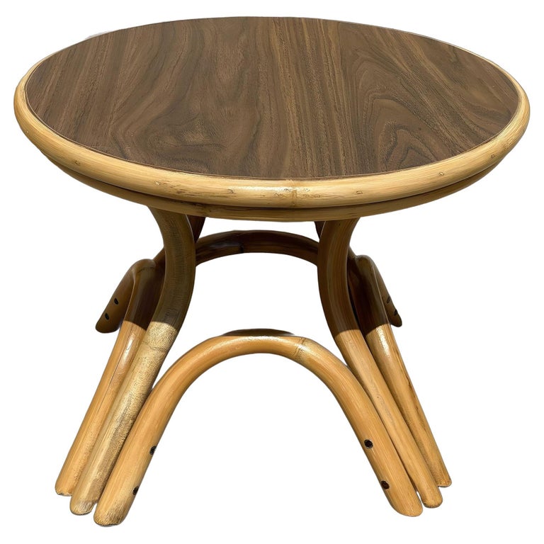 Restored Round Rattan Coffee Table w/ Arched Base