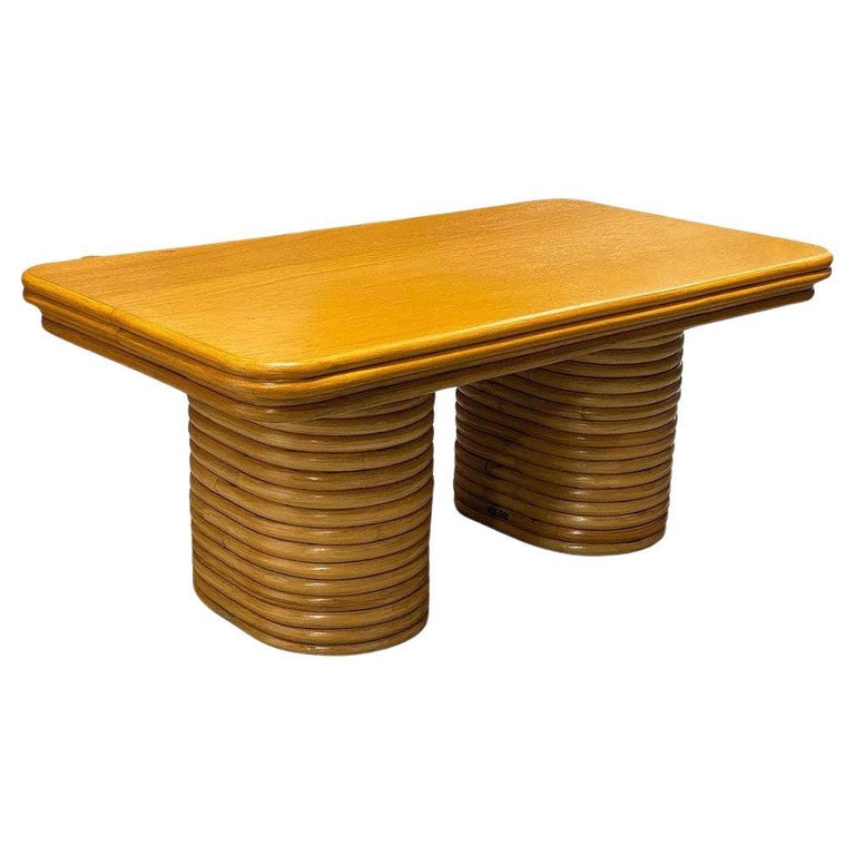Restored Mid-century Stacked Rattan Coffee Table w/ Mahogany Top