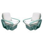 Restored Aqua Turquoise 5-Strand Square Pretzel Rattan Lounge Chairs , Pair