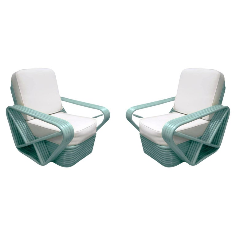 Restored Aqua Turquoise 5-Strand Square Pretzel Rattan Lounge Chairs , Pair