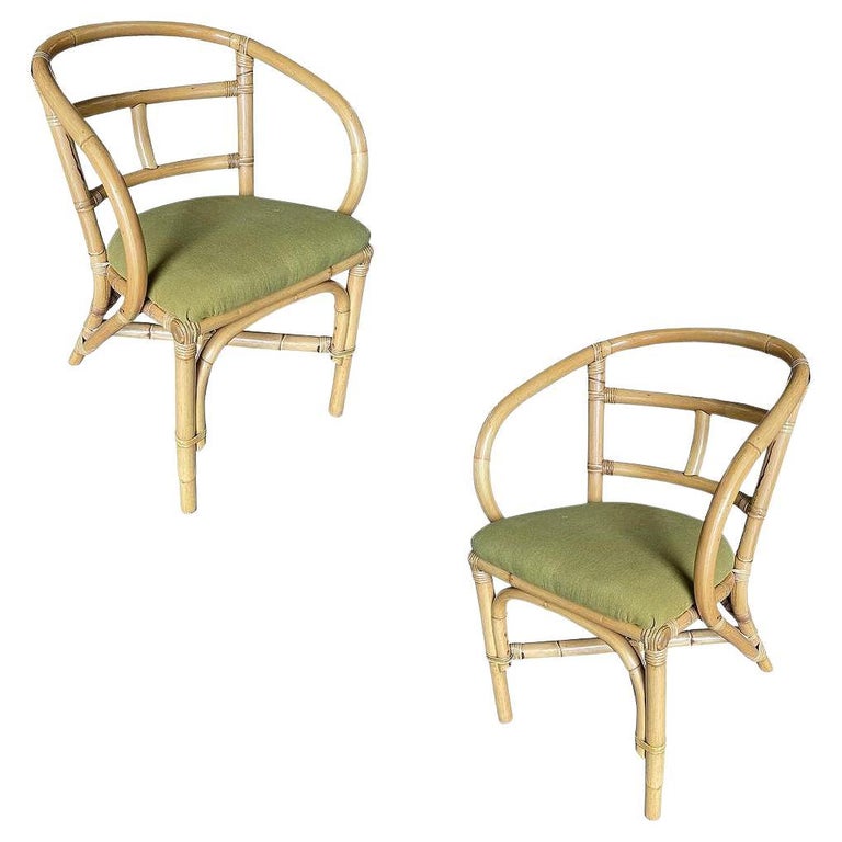 Pair of Restored Mid-Century Loop Arm Rattan Dining Armchairs