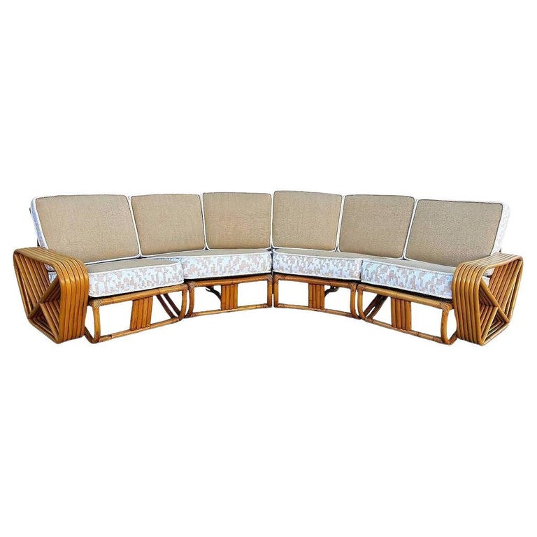Restored 6-Strand Square Pretzel Rattan Corner Sectional Sofa