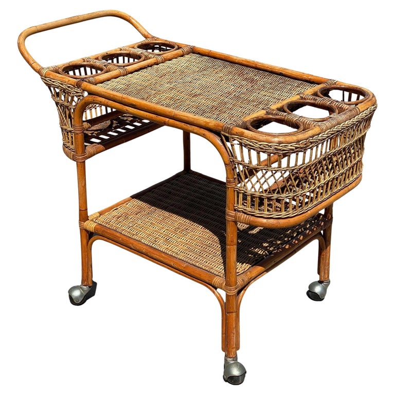 Restored Art Deco Stick Rattan Two-Tier Bar Cart w/ Woven WickerTops