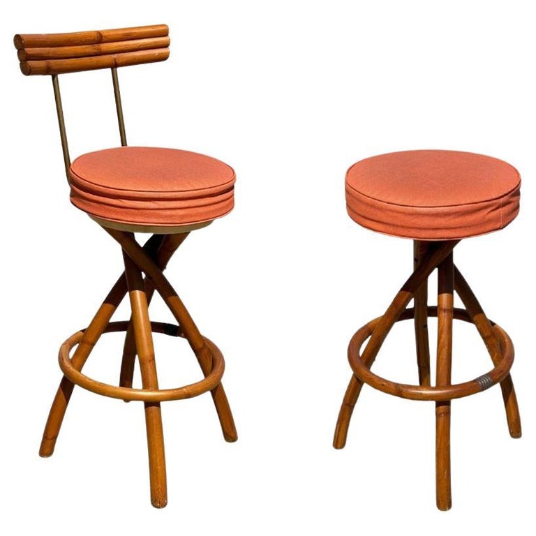 Restored Mid-century Swivel "Spiral" Leg Rattan & Brass Barstools, Pair