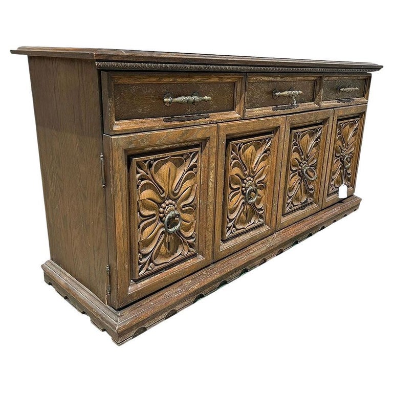 Mid Century Mediterranean Revival Carved Oakwood Buffet Cabinet
