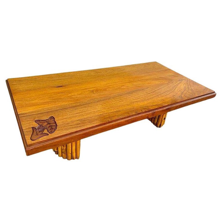 Mid-century Hand Carved Koa Wood Coffee Table w/ Stacked Rattan Legs