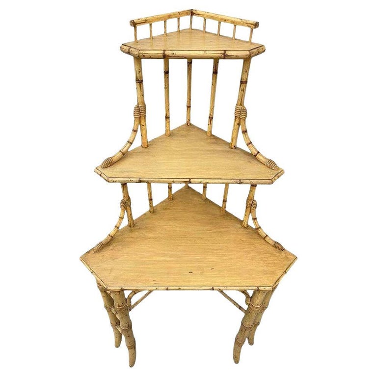 Mid-century James Mount Style 3-Tiered Blonde Bamboo Corner Shelf