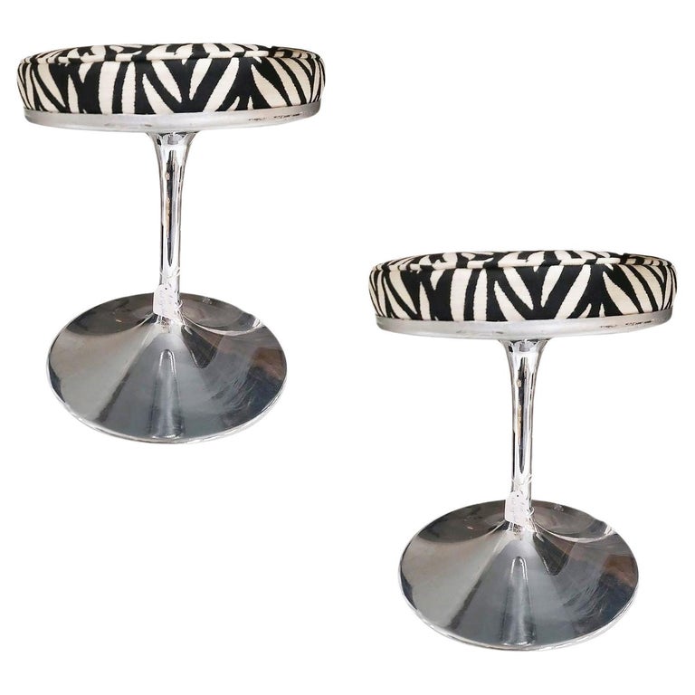 Knoll "Tulip" Chrome Stool by Eero Saarinen W/ Zebra Seat, Pair