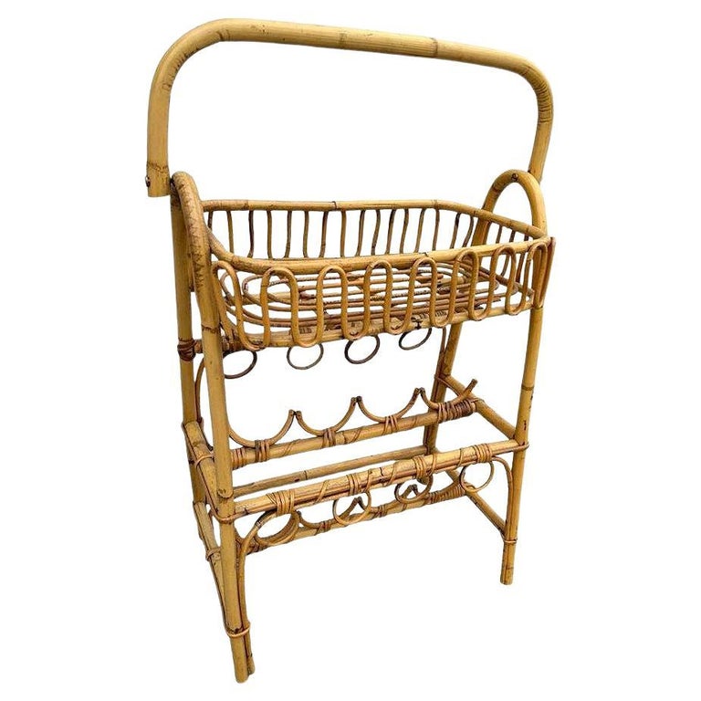 Albini Style Rattan Service Side Table & Bottle Holder w/ Handle