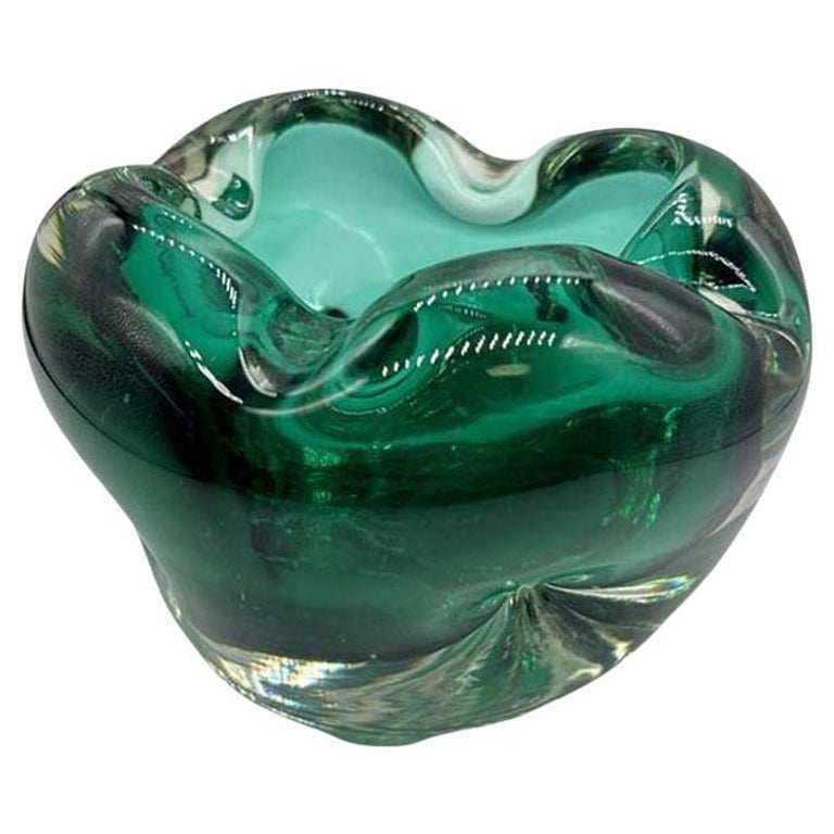Hand Blown Emerald Green Murano Weighted Cased Art Glass Ashtray