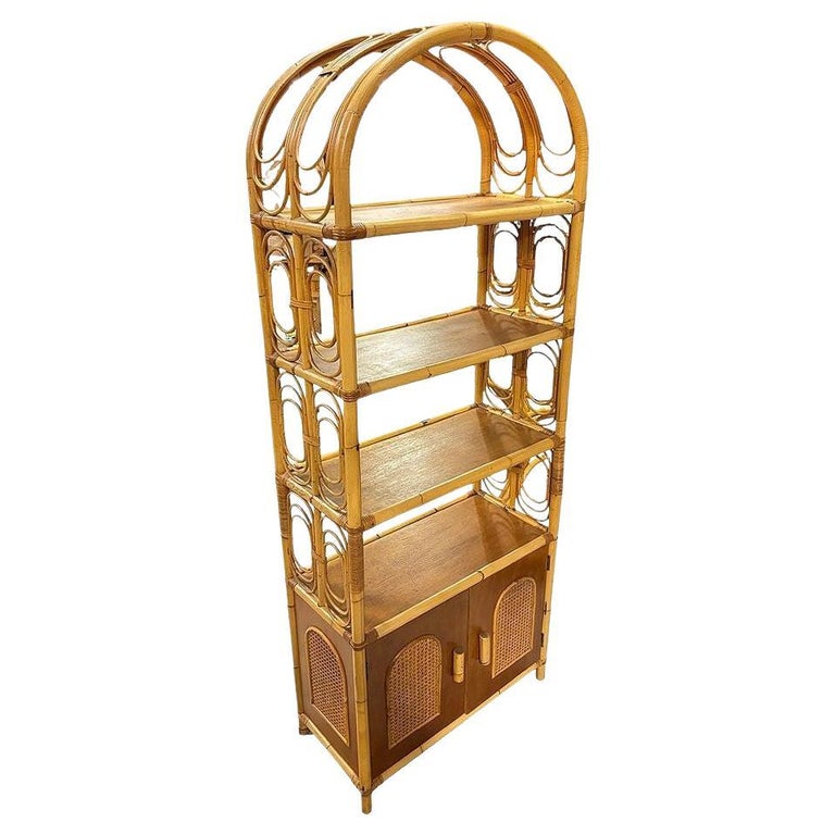 Mid-century Rattan Etagere Display Curio Cabinet w/ Mahogany Shelfs