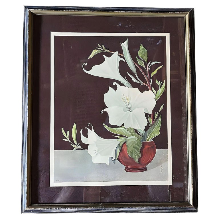 Ikebana Arranged White Petunia Foral Scenic Lithograph by Lithoin, Framed
