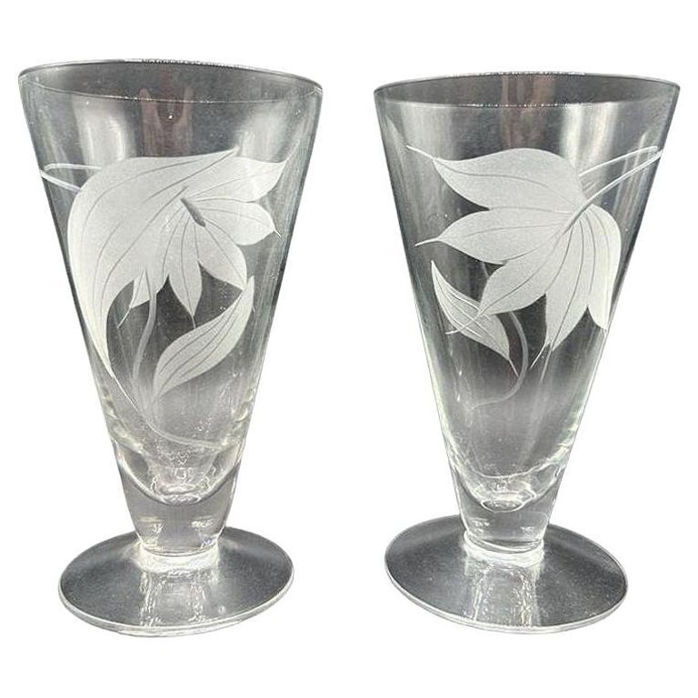 Mid-century Dorothy Thorpe Style Footed Tumbler w/ Etched Tropical Lilies, Pair